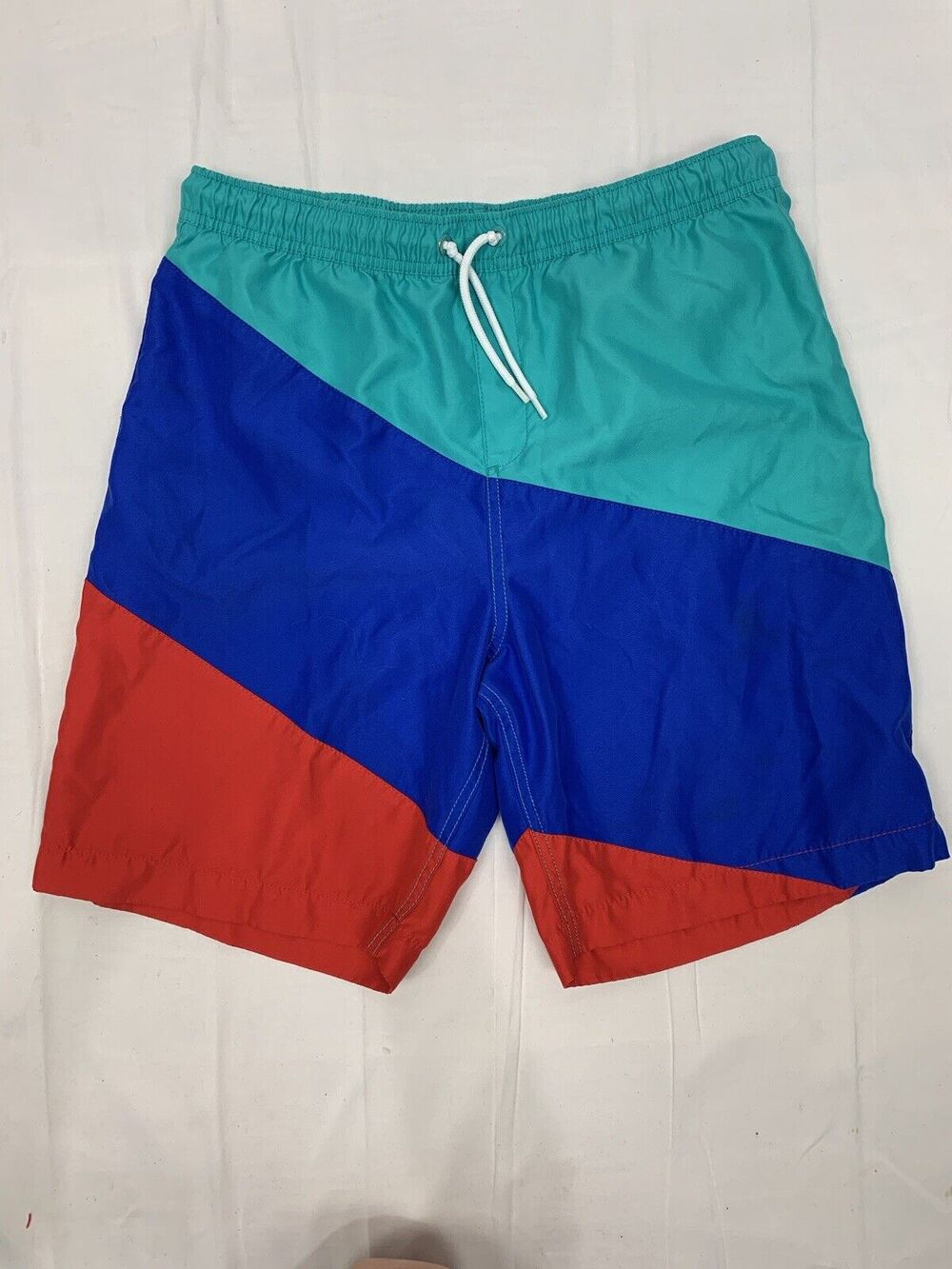Lands End Boys Color Block Blue Red Swim Trunks Shorts 8 In Inseam Sz XXL 18-20